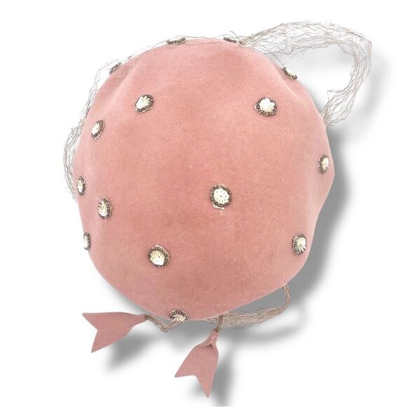 Vintage 1950s Sequin Bead Studded Pink Velour Mesh Veiled Juliet Cap Hat Beret - Picture 13 of 15